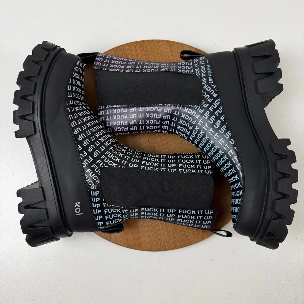 Koi Dolls Kill ‘F it up’ Black Platform Chelsea Boots - Picture 7 of 10